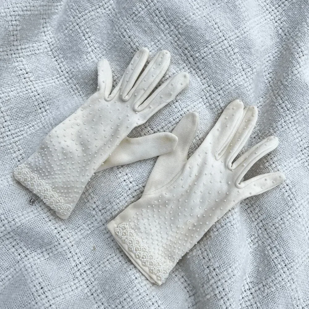 VTG Beaded Pearl Embellished Stretch Dress Gloves Wedding Bridal Opera Gloves